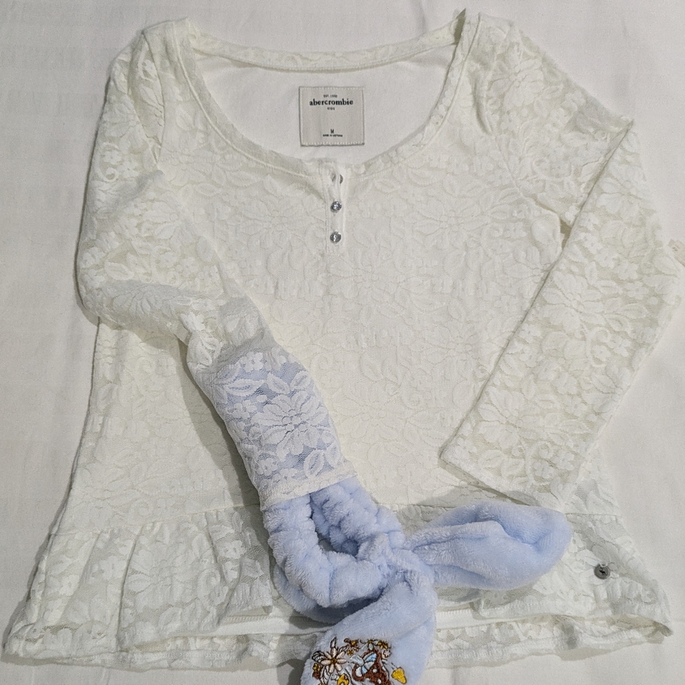 Abercrombie Kids lace mesh sleeves double layered ruffle rhinestone sleeve shirt